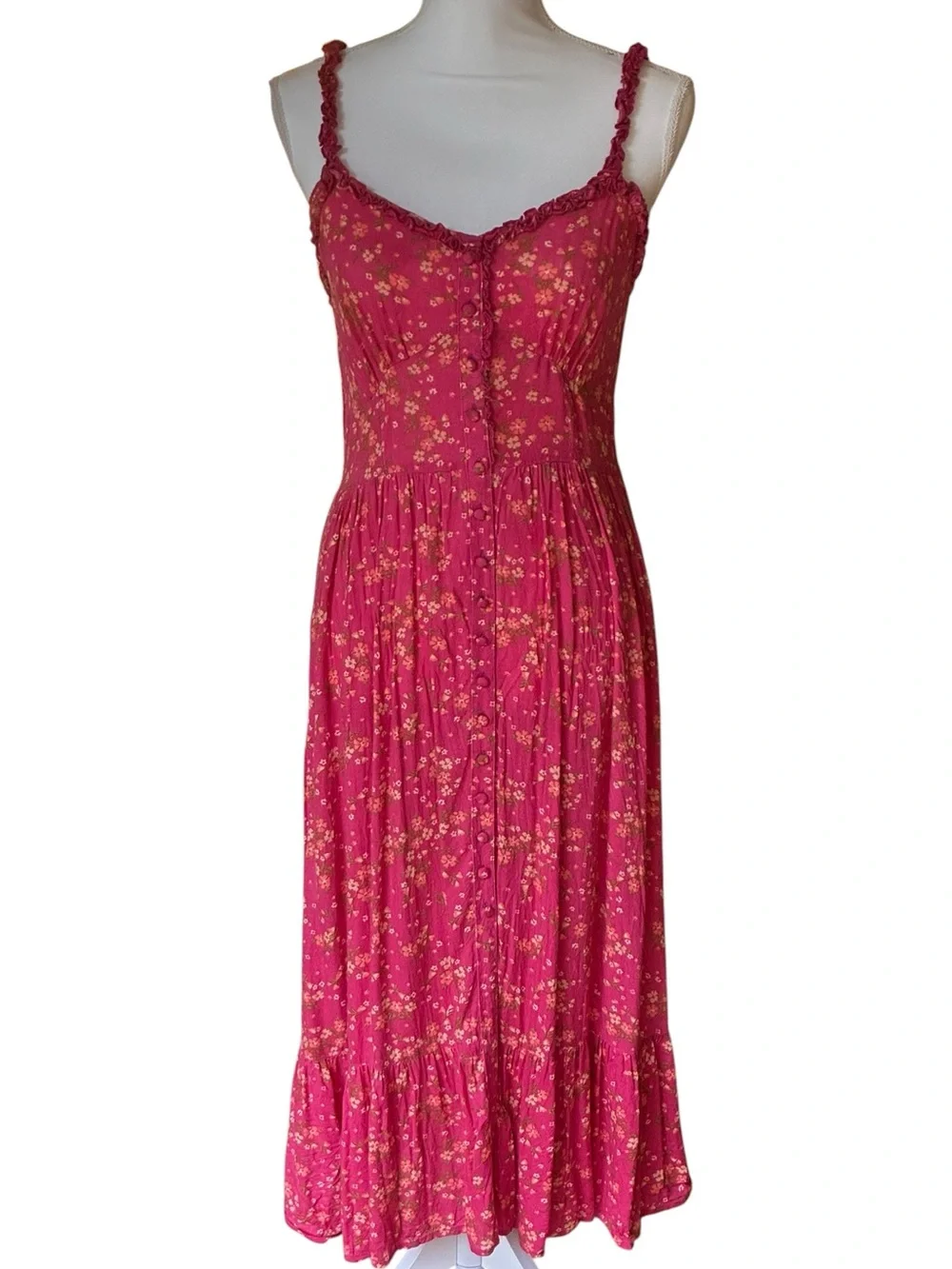 Patrons of Peace Fuchsia Pink Floral Midi Stretch Elastic Casual Flowy Dress S